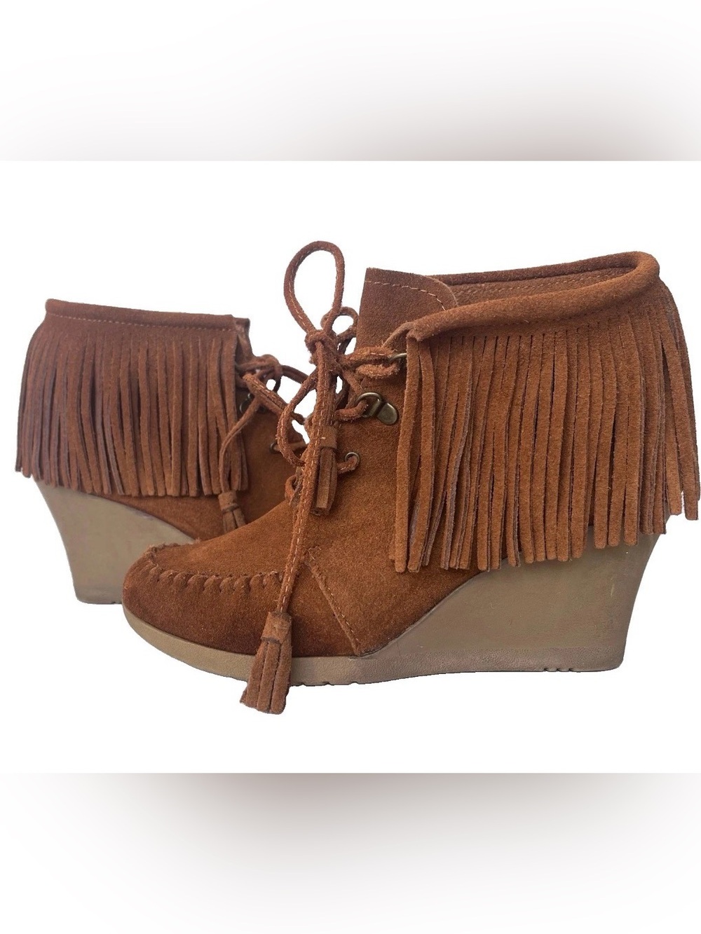 MINNETONKA Leather Upper Tan Suede Fringe Wedge Booties Women’s Size 7.5